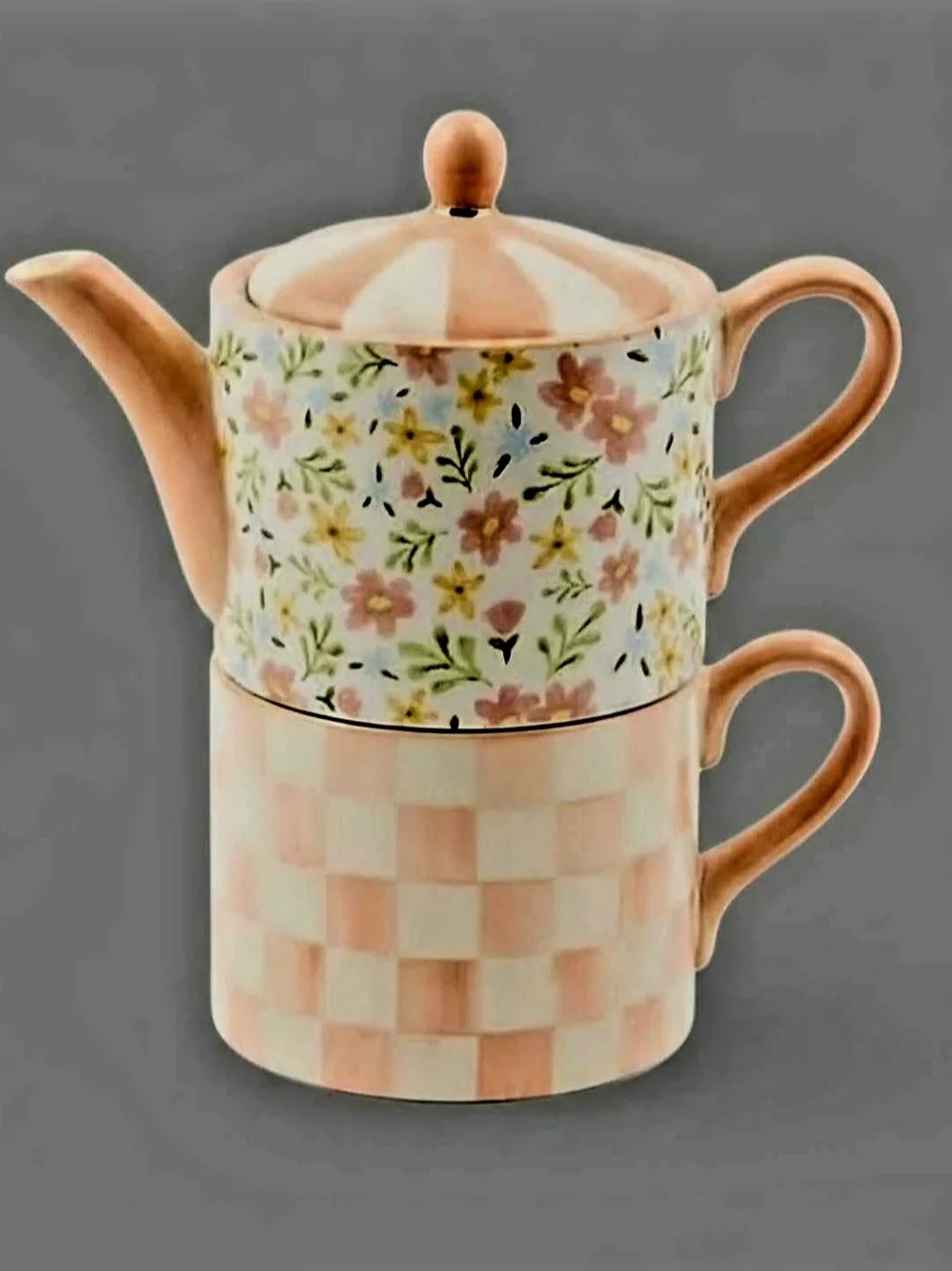 NEW McKenzie Childs Posie Patch Ceramic Tea For Me Set Stacked Floral Teapot Mug